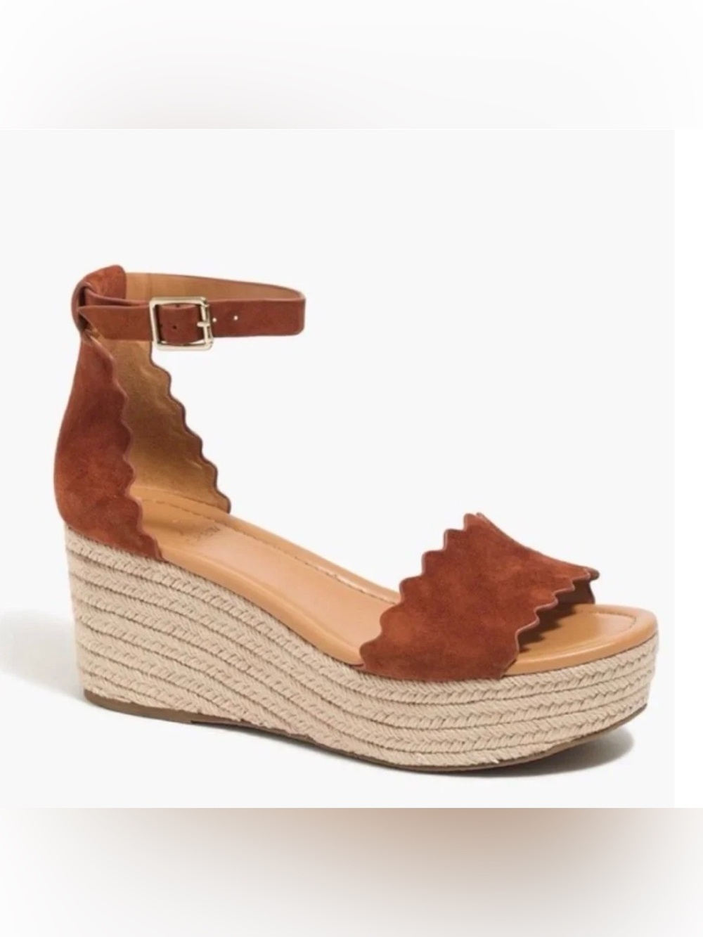 J. Crew Suede Scallop Espadrille Wedge Sandals Tan Size 9.5 Excellent Condition